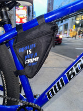 Load image into Gallery viewer, “BIKELIFE !S NOT A CRIME BIKE BAG” BLUE &amp; REFLECTIVE