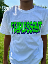 Load image into Gallery viewer, “FEARLESSGOAT T-SHIRT” WHITE,GREEN &amp; PURPLE